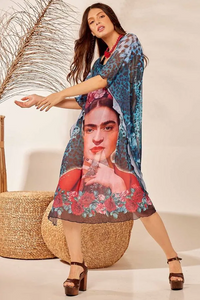Frida Kahlo Yacamim D6 Short Transparent Blue Tulle Kaftan