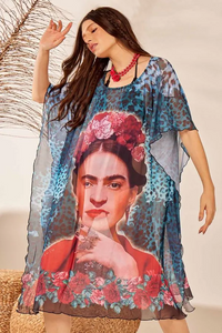 Frida Kahlo Yacamim D6 Short Transparent Blue Tulle Kaftan