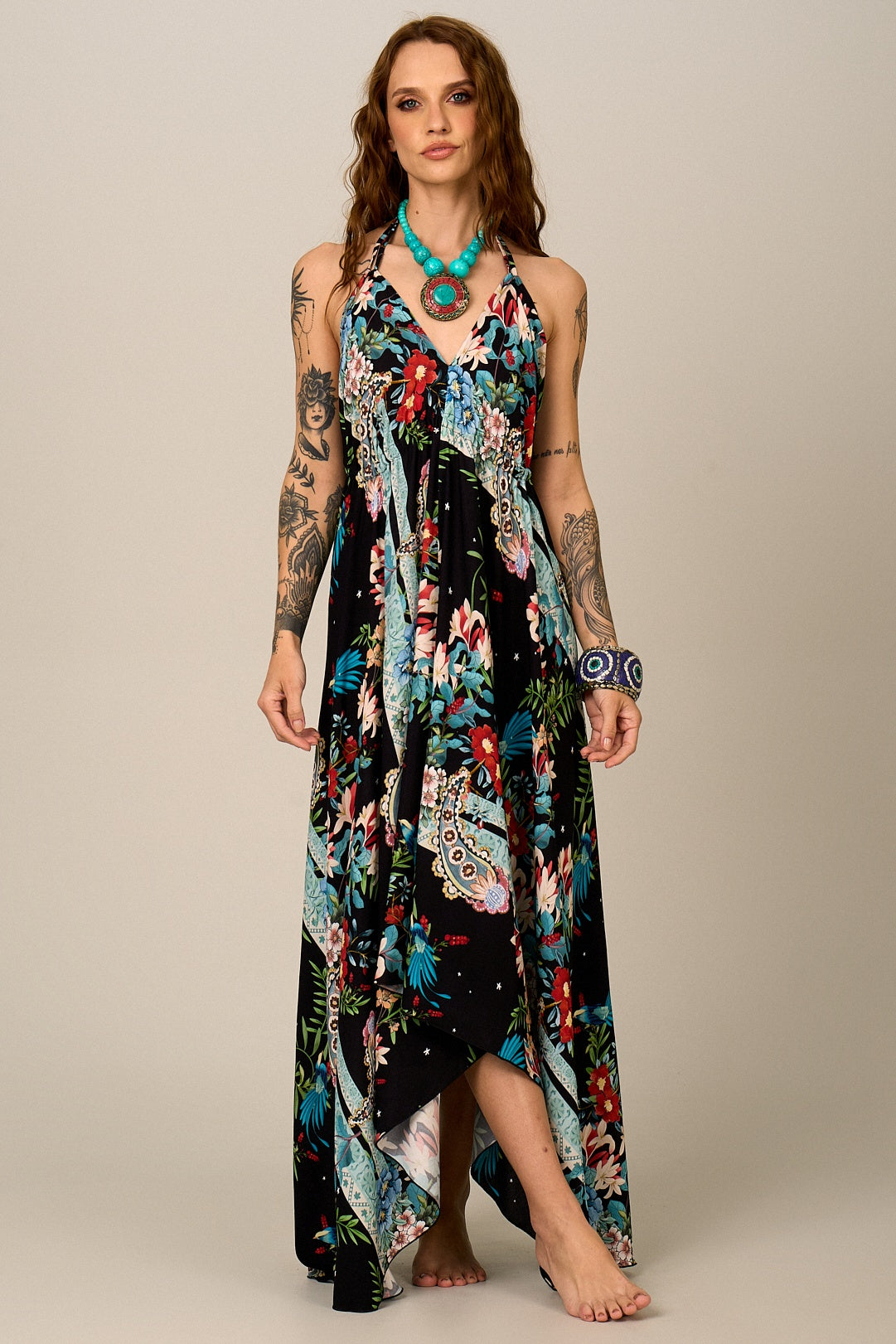 Yacamim D27 Black Paisley Print Halterneck Maxi Dress