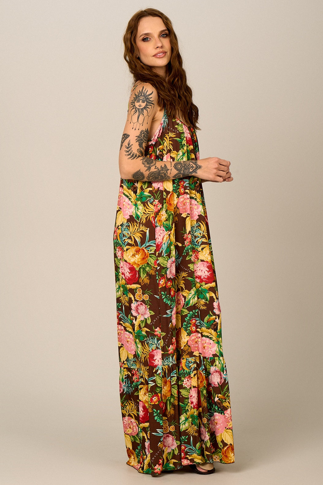 Yacamim C16 Floral Brown Long Dress with Adjustable Straps