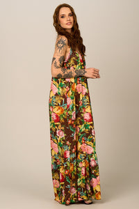 Yacamim C16 Floral Brown Long Dress with Adjustable Straps