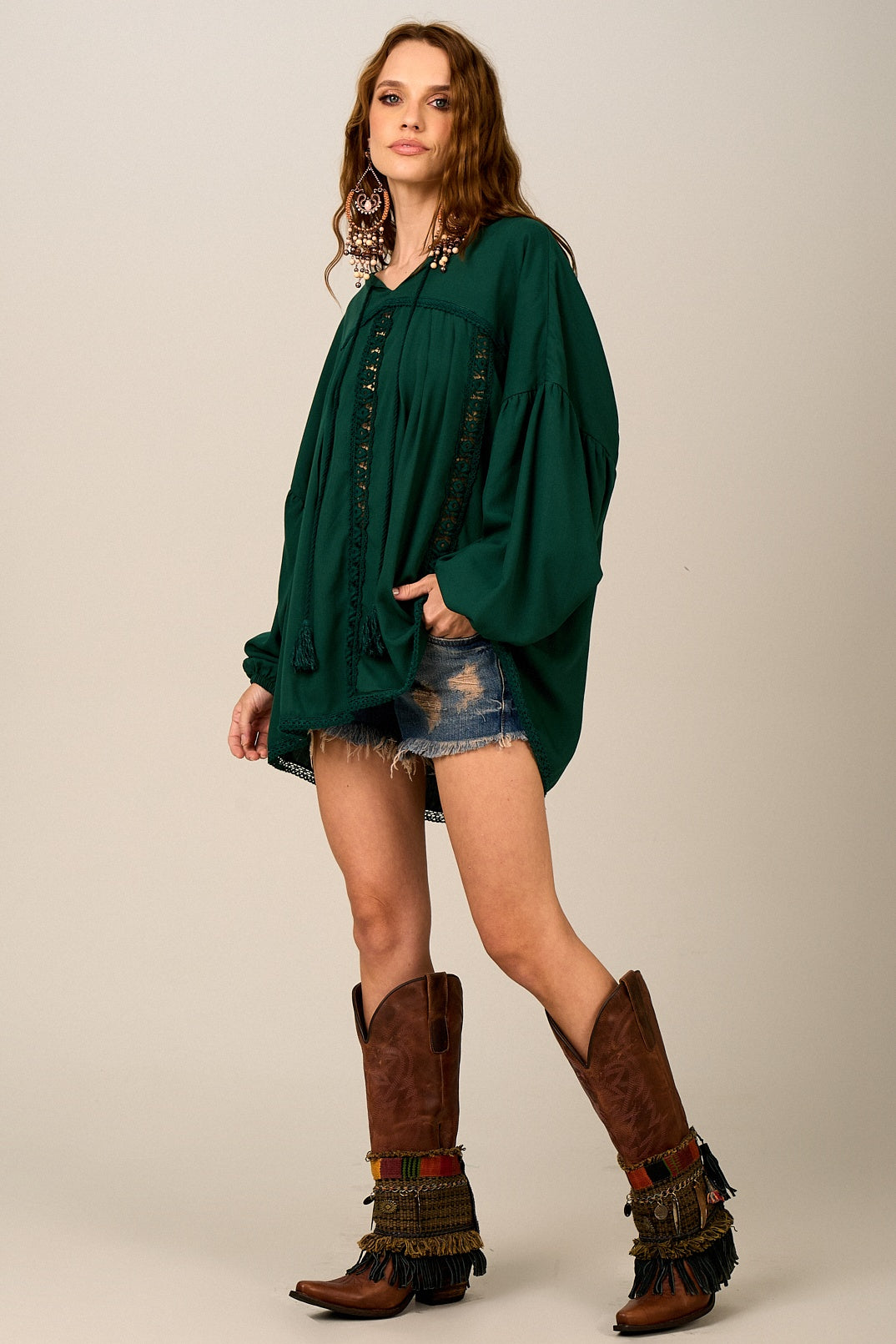 Yacamim Dark Green Loose Tunic with Lace B3