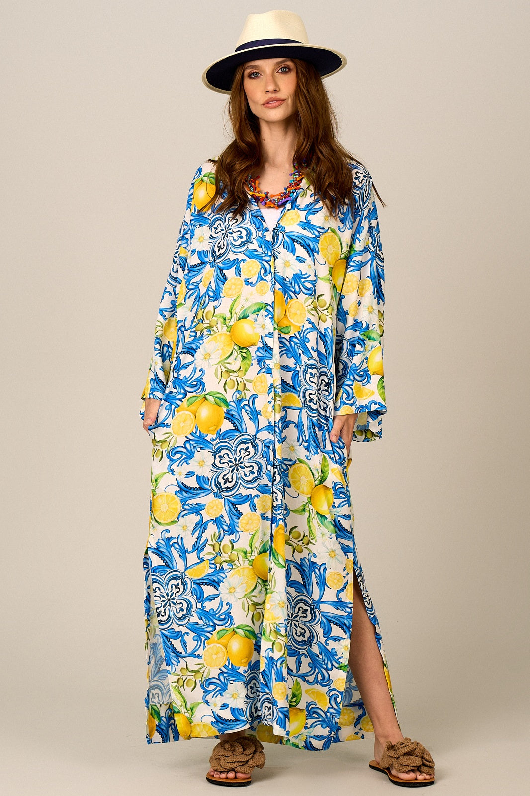 Yacamim Long Loose Sicilian Lemon Print Chemise L2