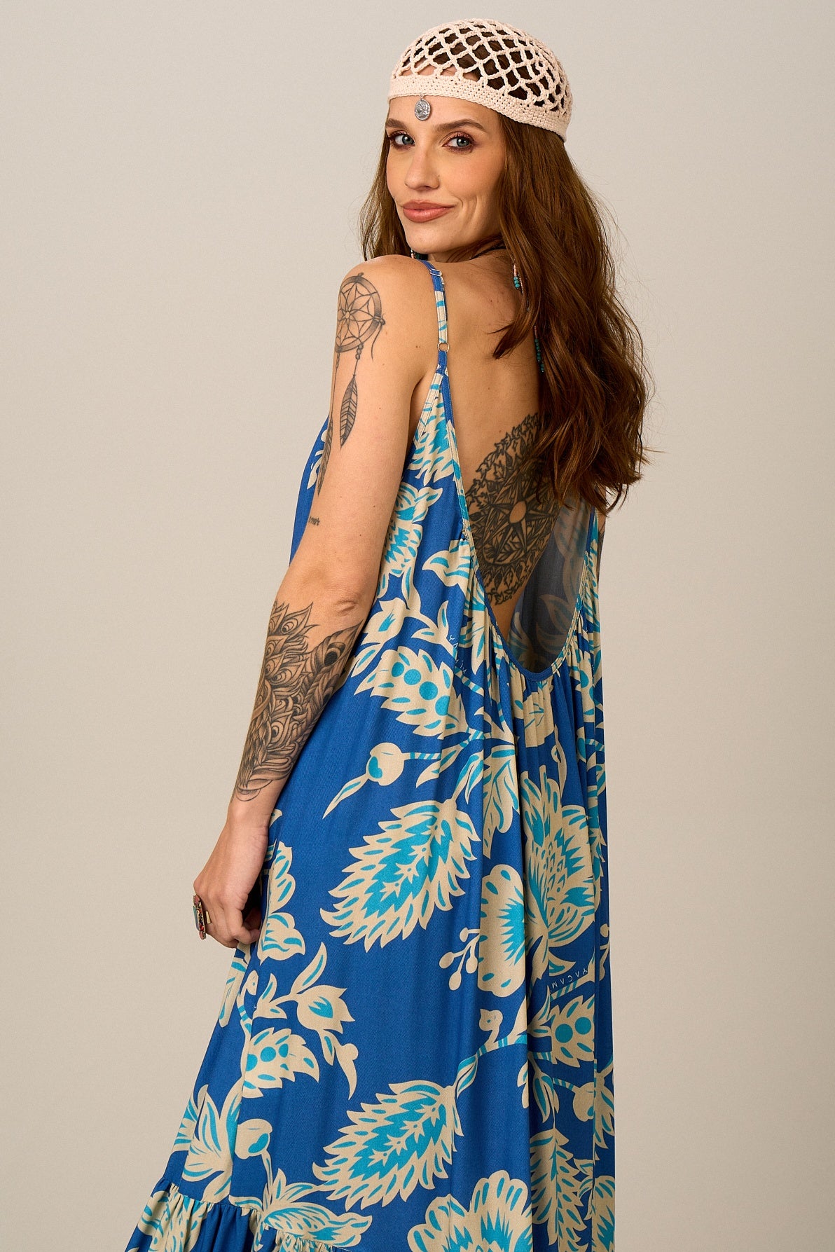Yacamim E18 Blue Printed Long Dress with Adjustable Straps