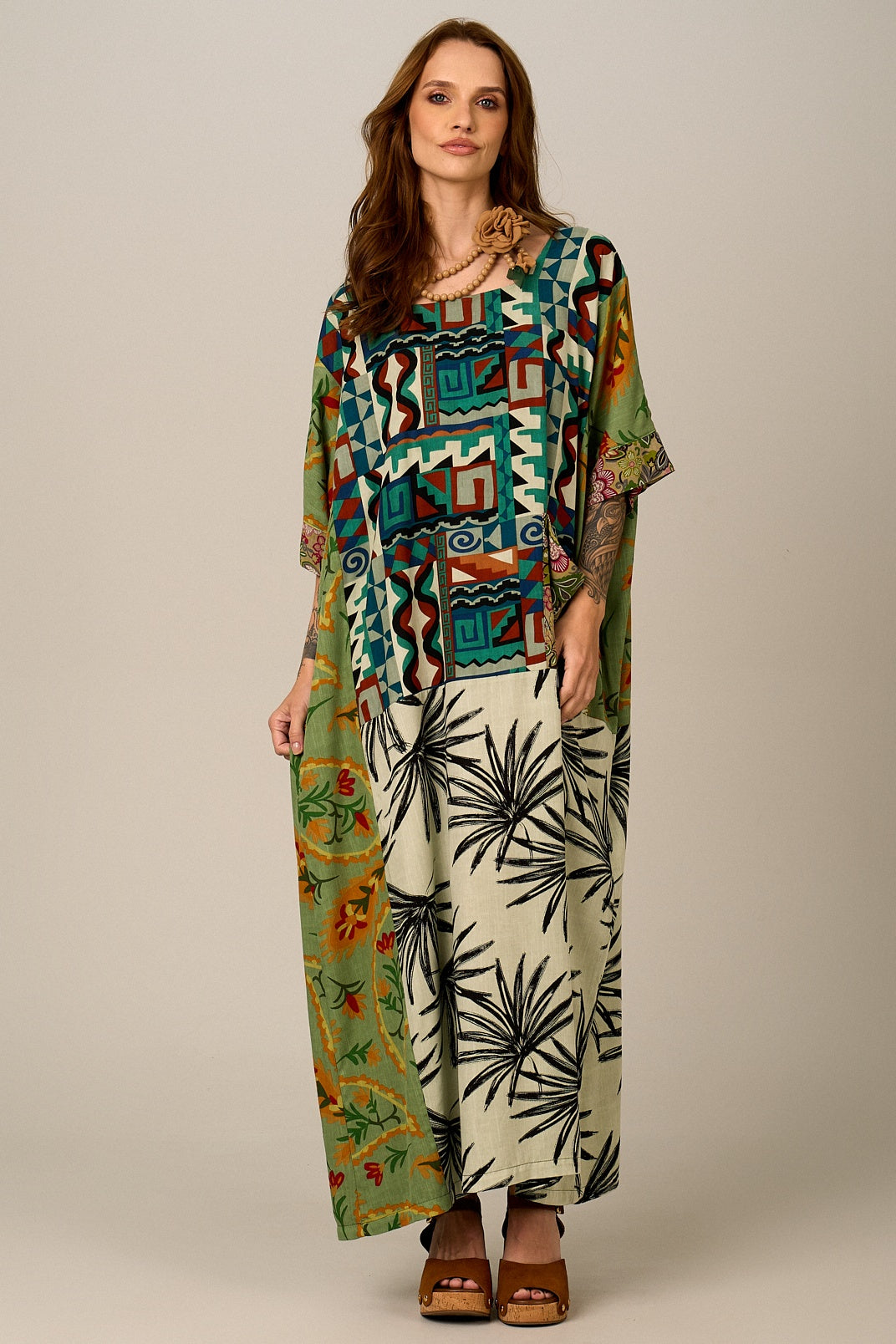 Kaftan Longo Verde Estampado Patchwork Yacamim J2