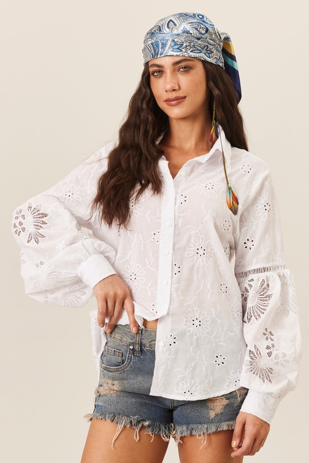 Yacamim White Broderie Shirt with Inlays A9