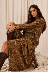 Dark Beige Paisley Lurex Long Dress Yacamim C7