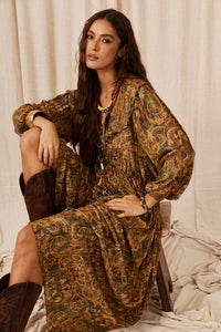 Dark Beige Paisley Lurex Long Dress Yacamim C7