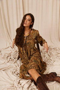 Dark Beige Paisley Lurex Long Dress Yacamim C7