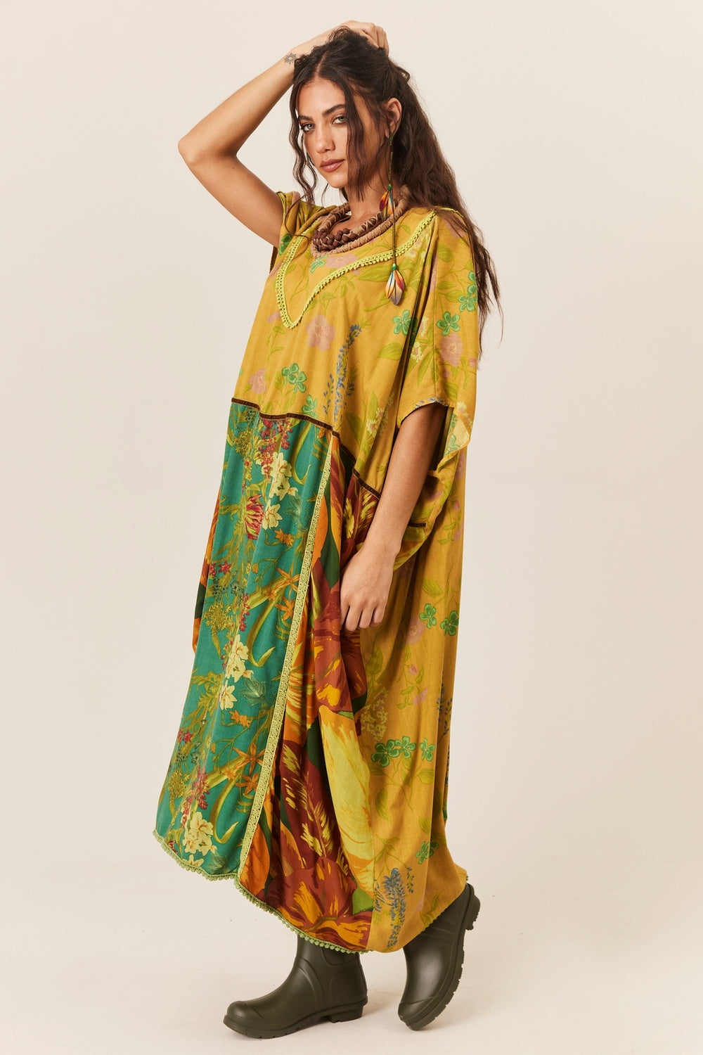 Kaftan Amplo Verde Patchwork Yacamim J2