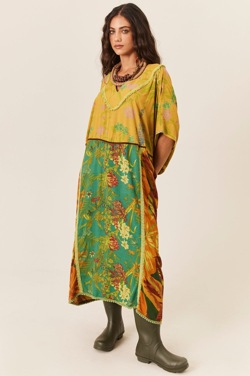 Kaftan Amplo Verde Patchwork Yacamim J2