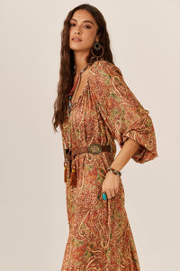 Dark Beige Paisley Lurex Long Dress Yacamim E14