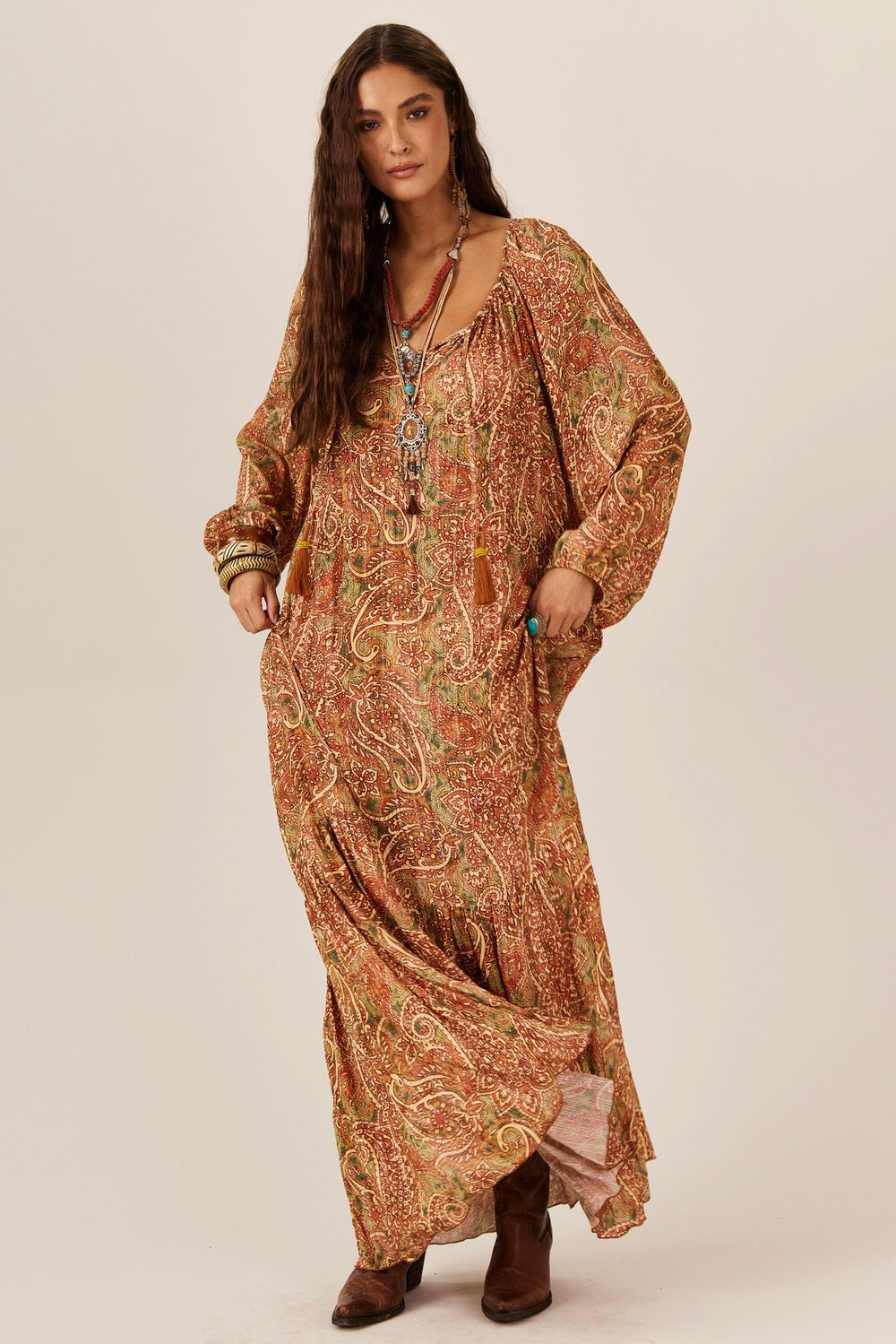 Dark Beige Paisley Lurex Long Dress Yacamim E14