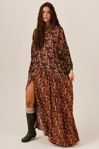 Bordeaux and Green Patchwork Long Dress Yacamim D31