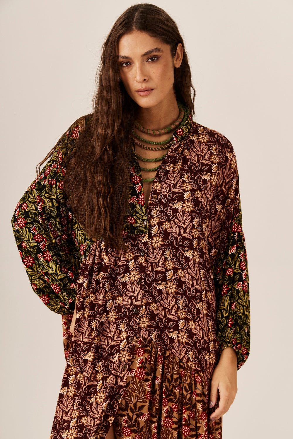 Bordeaux and Green Patchwork Long Dress Yacamim D31