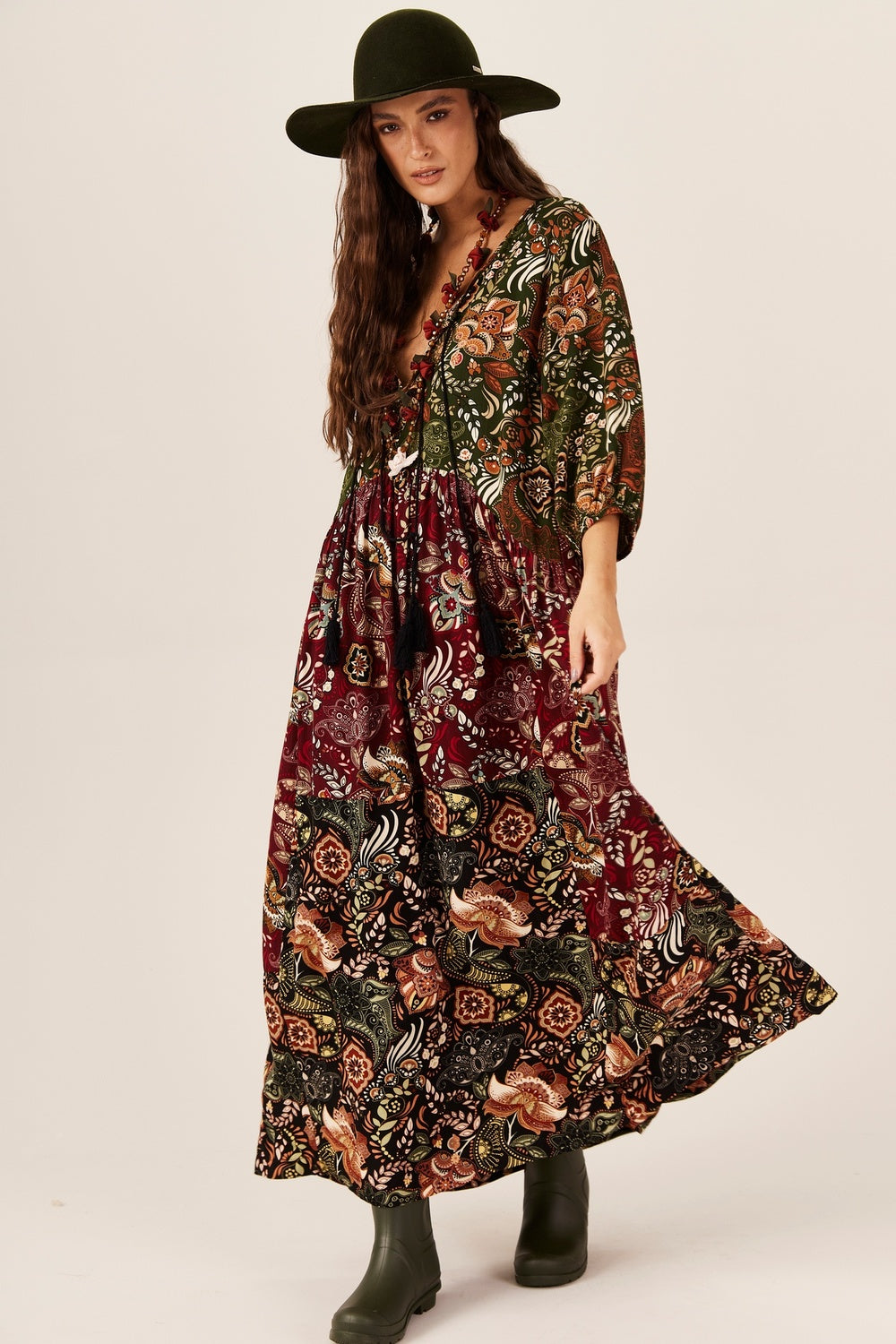 Yacamim E23 Burgundy and Green Patchwork Long Dress
