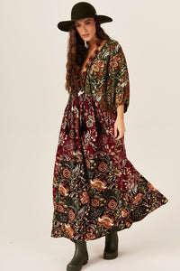 Yacamim E23 Burgundy and Green Patchwork Long Dress