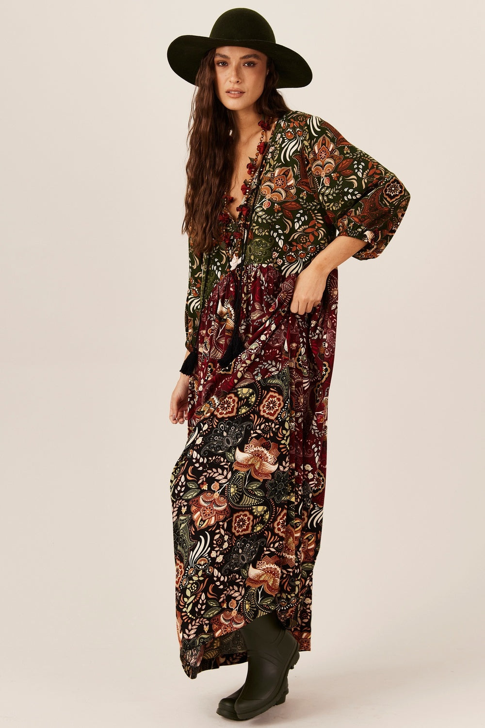 Yacamim E23 Burgundy and Green Patchwork Long Dress