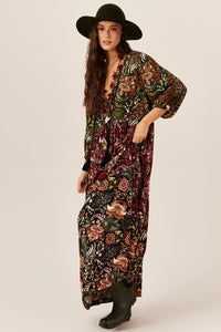 Yacamim E23 Burgundy and Green Patchwork Long Dress