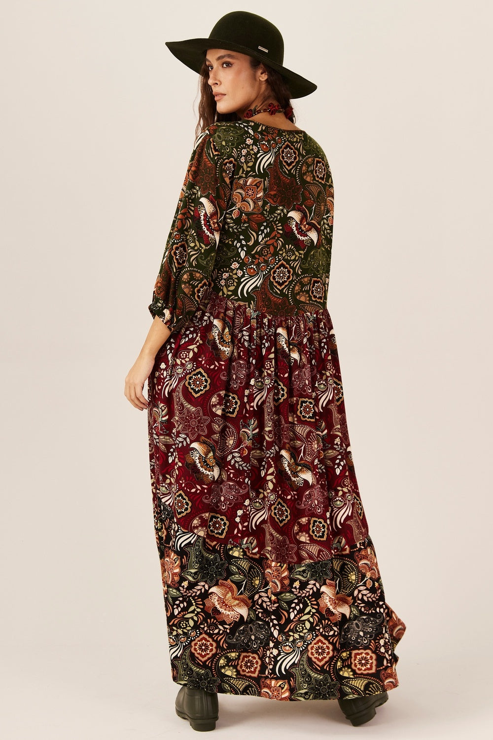 Yacamim E23 Burgundy and Green Patchwork Long Dress