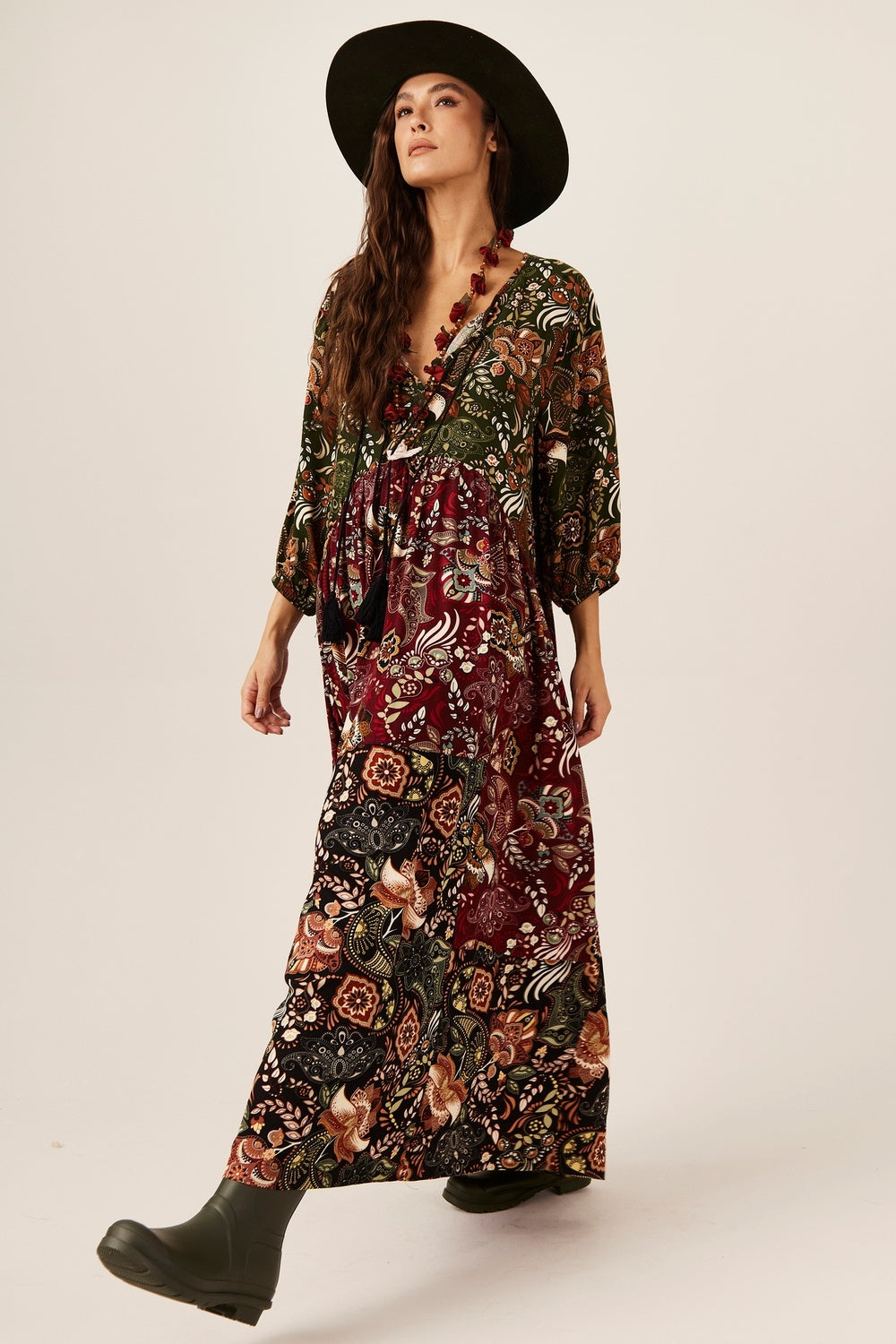 Yacamim E23 Burgundy and Green Patchwork Long Dress