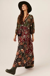 Yacamim E23 Burgundy and Green Patchwork Long Dress