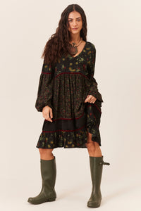 Vestido Curto Manga Longa Bufante Verde Escuro Patchwork Yacamim D31