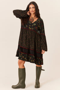 Vestido Curto Manga Longa Bufante Verde Escuro Patchwork Yacamim D31