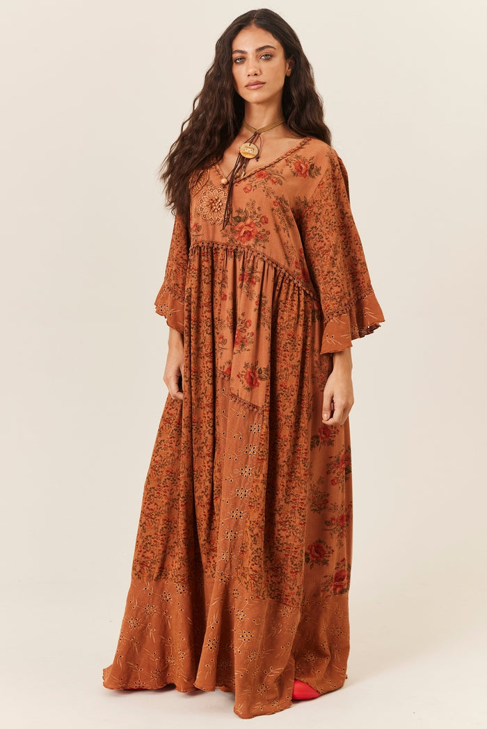 Vestido Longo Com Detalhes Em Broderie Terracota Patchwork Yacamim C4