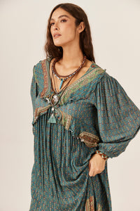 Long Dress with Lurex Ruffles Green Yacamim C1