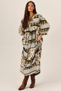 Yacamim White and Green Geometric Midi Dress E15