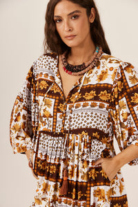 Yacamim Geometric White and Orange Midi Dress C29