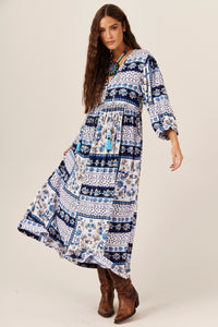 Yacamim C8 Geometric Blue and White Midi Dress