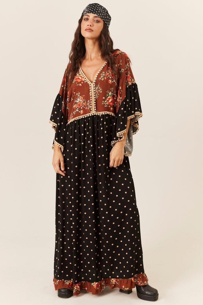 Yacamim Long Dress with Black and Brown Ruffles Patchwork E7