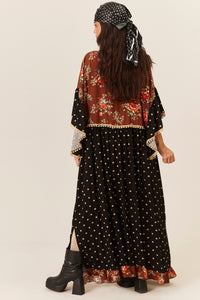 Vestido Longo Com Babados Preto E Marrom Patchwork Yacamim E7