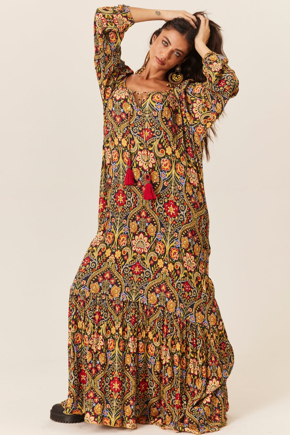 Yacamim D1 Printed Long Sleeve Long Dress