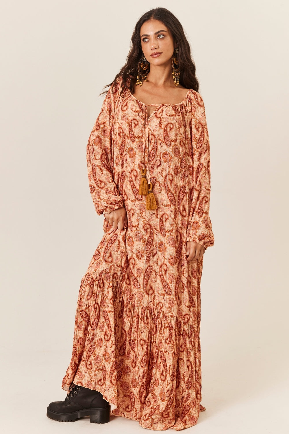 Paisley Lurex Long Dress Earth Tones Yacamim E21
