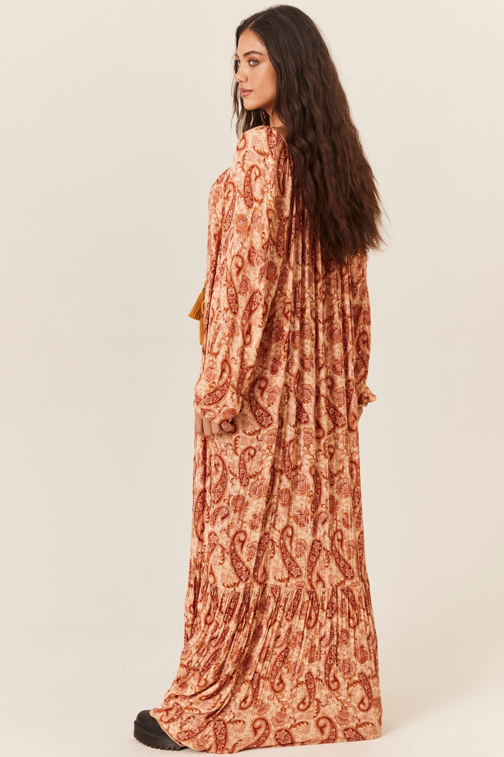 Paisley Lurex Long Dress Earth Tones Yacamim E21