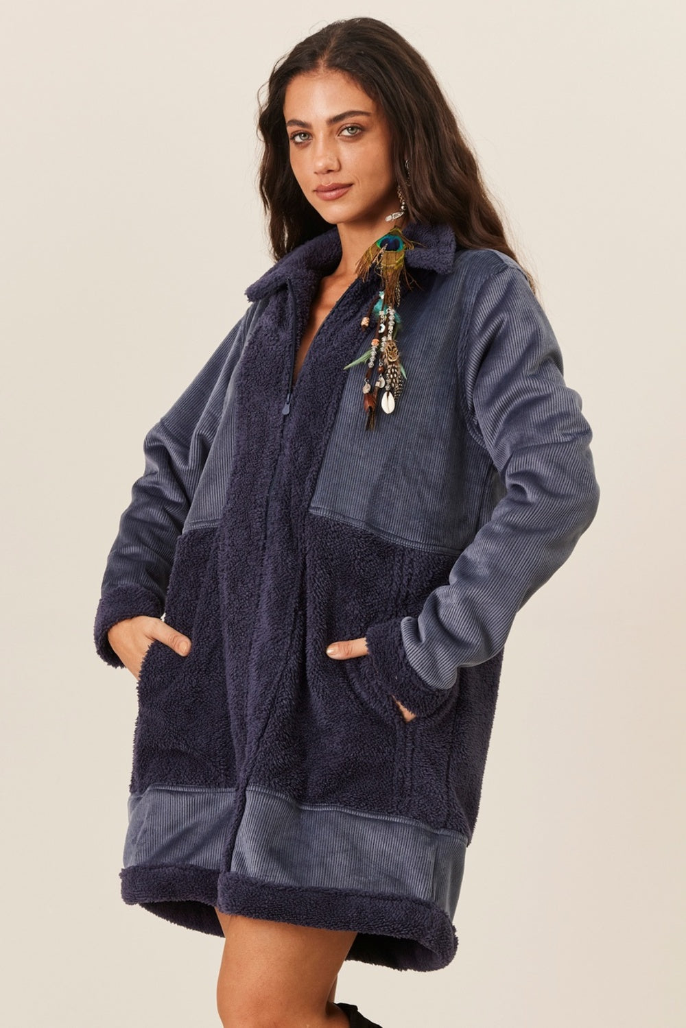 Yacamim Petrol Blue Plush Coat With Pockets K2