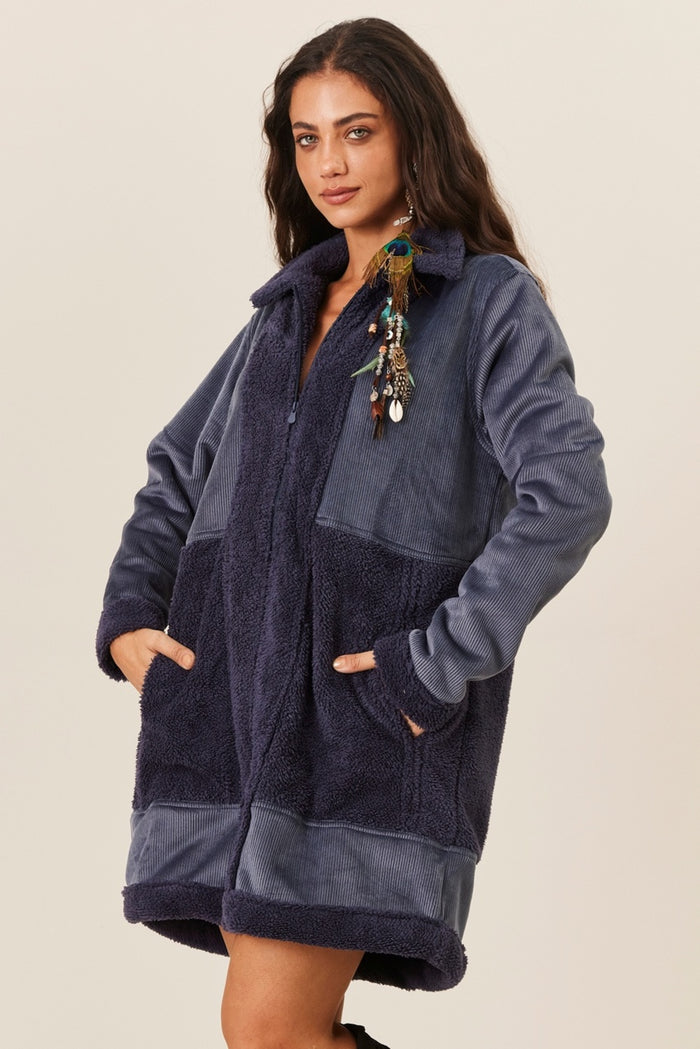 Yacamim Petrol Blue Plush Coat With Pockets K2