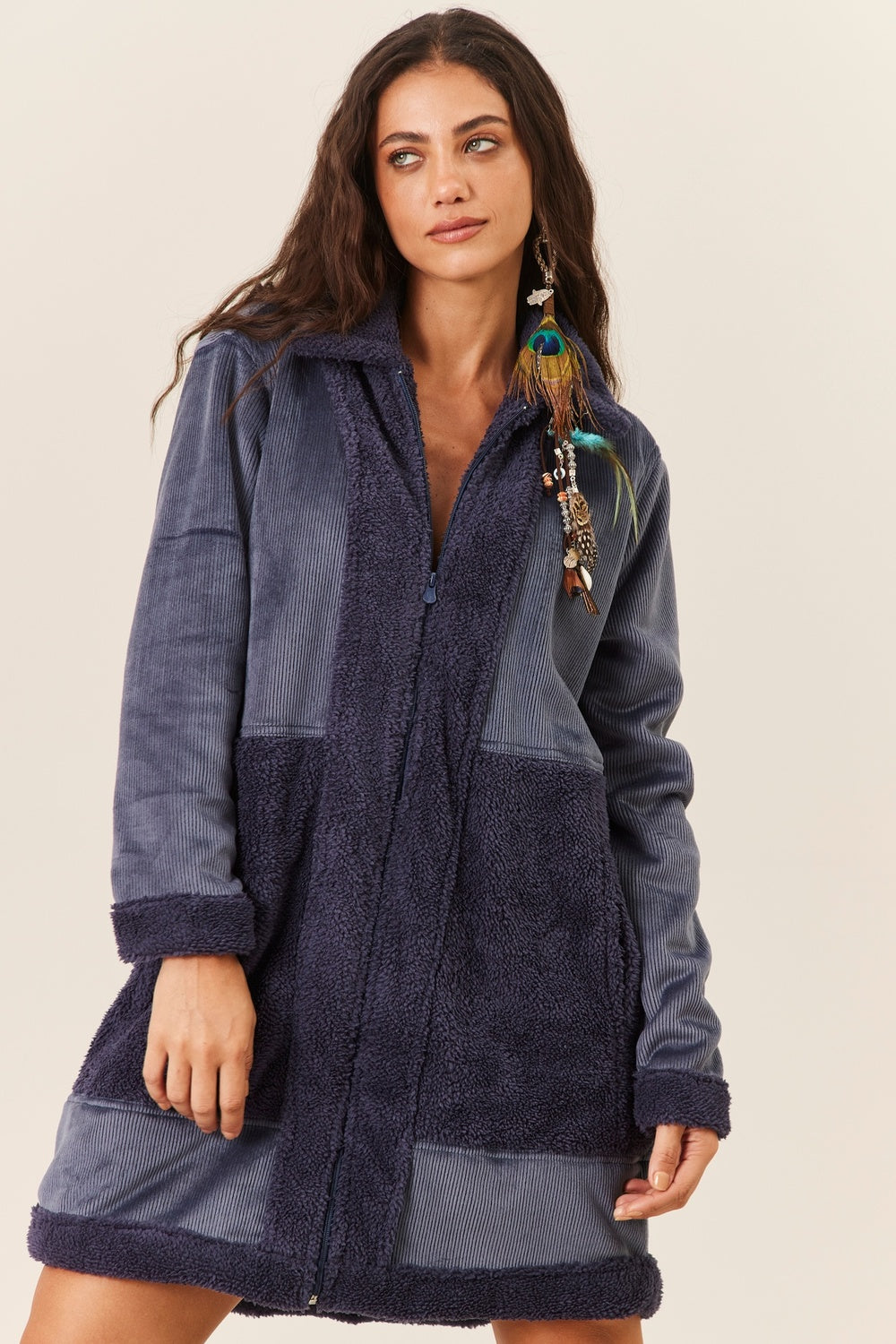 Yacamim Petrol Blue Plush Coat With Pockets K2