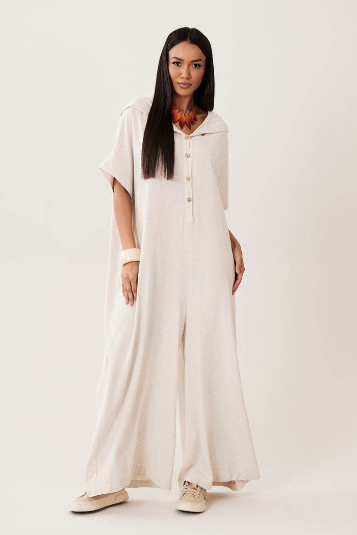 Yacamim O6 Beige Long Jumpsuit with Hood