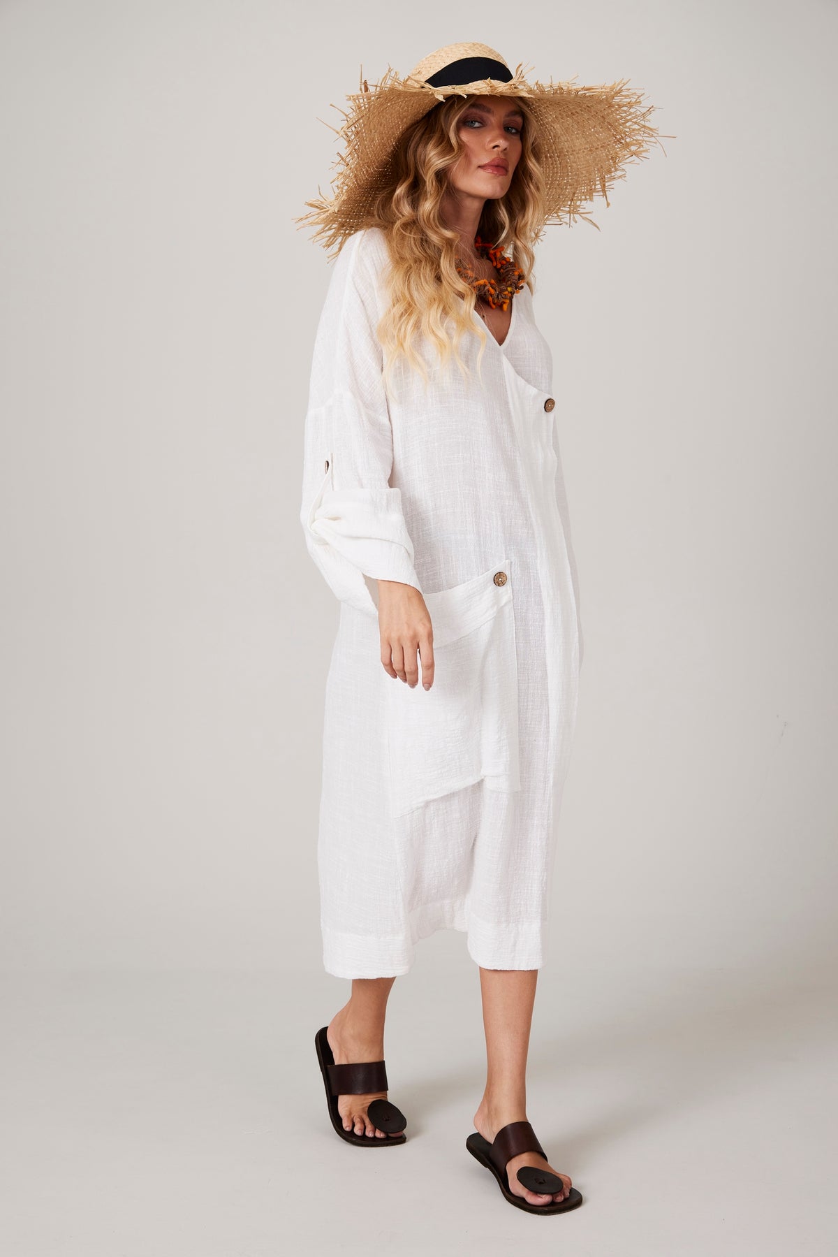 White Yacamim V-Neck Midi Dress C14