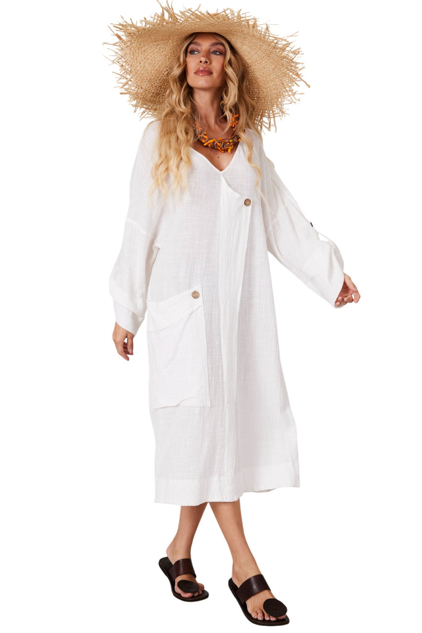 White Yacamim V-Neck Midi Dress C14