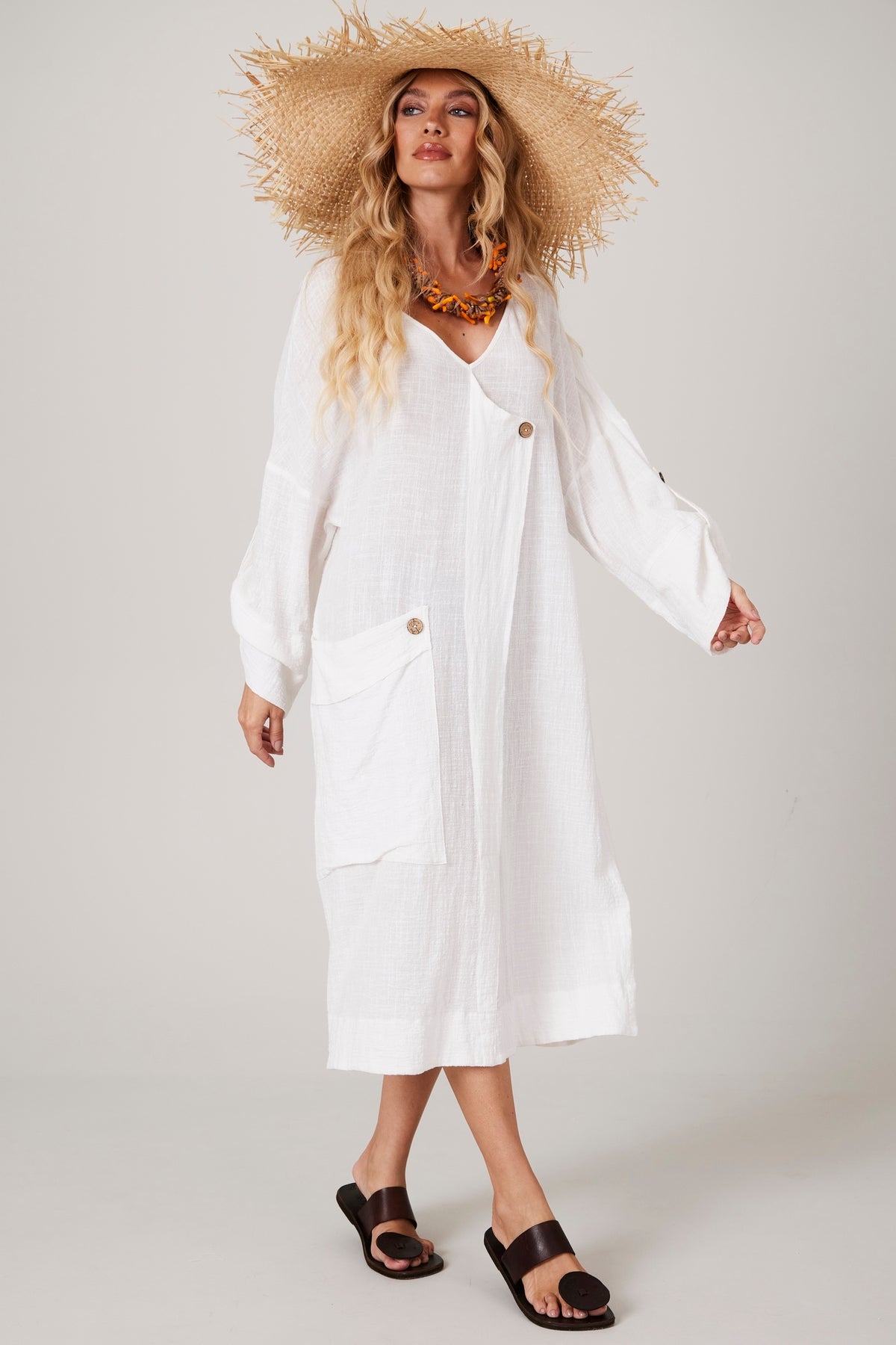 White Yacamim V-Neck Midi Dress C14