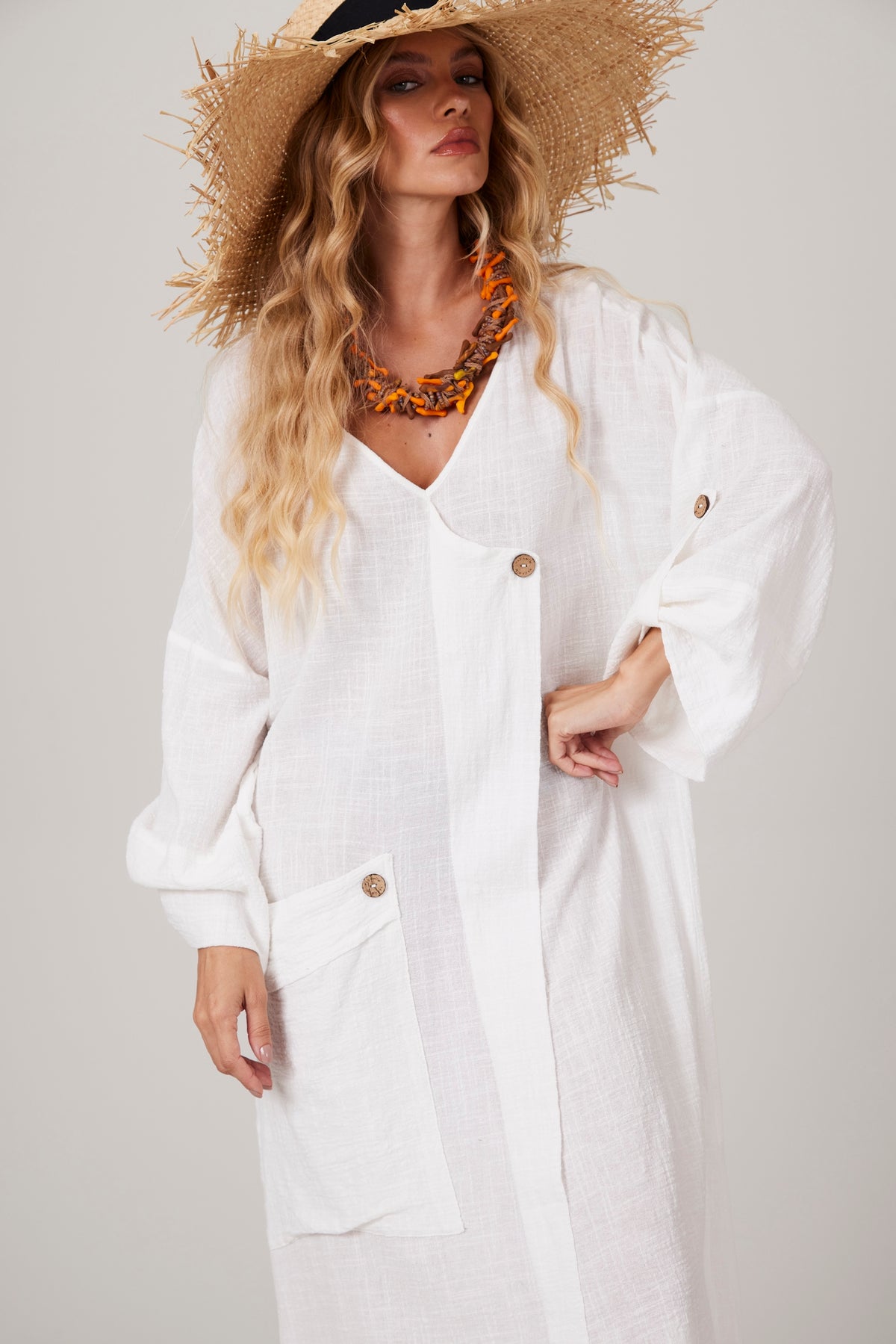 White Yacamim V-Neck Midi Dress C14