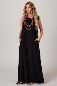 Yacamim D10 Plain Black Linen Sleeveless Midi Dress