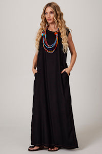 Yacamim D10 Plain Black Linen Sleeveless Midi Dress