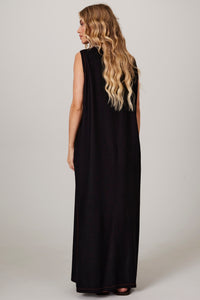 Yacamim D10 Plain Black Linen Sleeveless Midi Dress