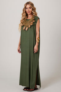 Yacamim C4/5 Dark Green Plain Linen Sleeveless Midi Dress